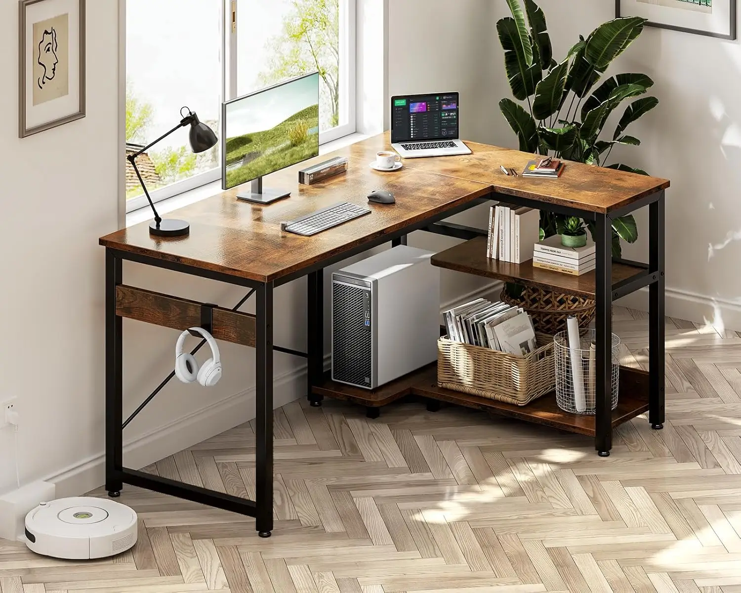 desk with storage shelves